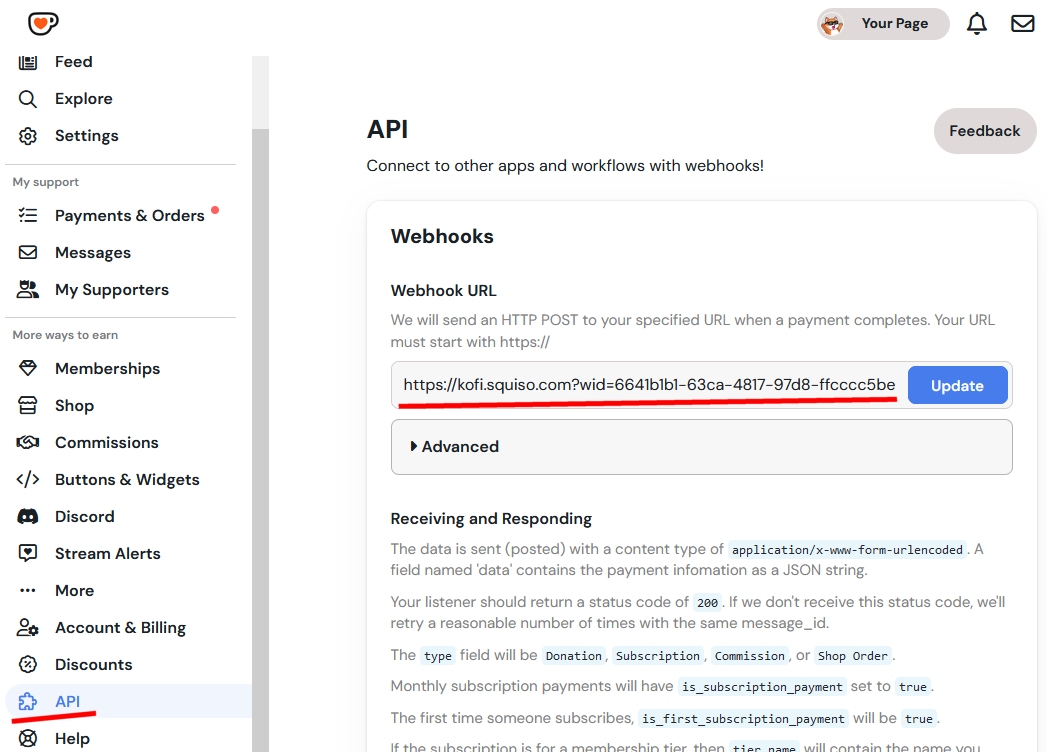 In your Ko-fi API settings page, copy and paste this webhook URL.